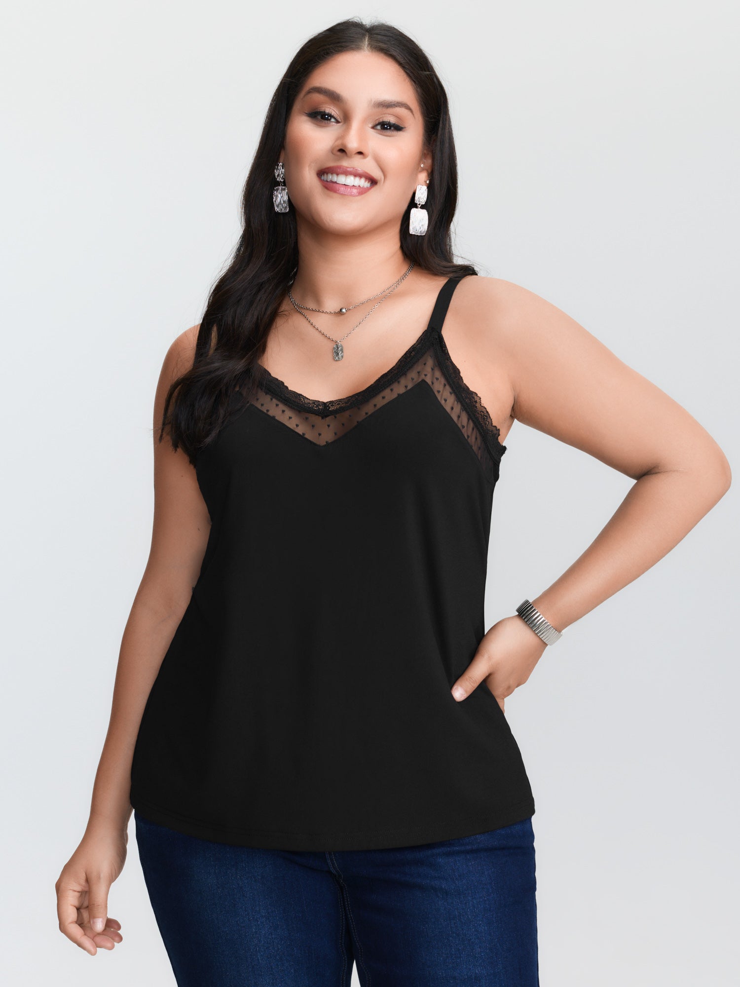 Lace Trim Cami - Plus‑size Black Knitted Camisole Tank Top,