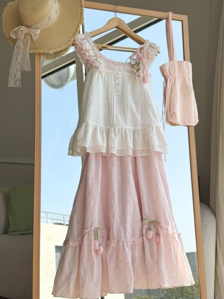 Lace Trim Cami - Sweet Kawaii Ruffle Trim Tulip Decor