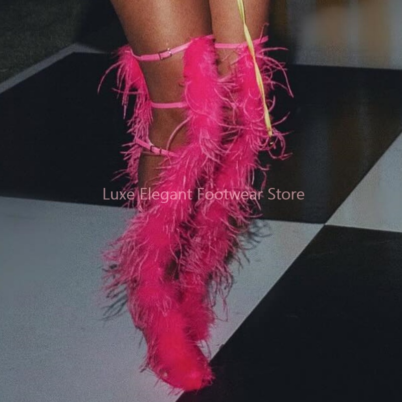 Pink Feather Strappy Hollow Bu - Women'S Fashion Knee High Boots review and price
