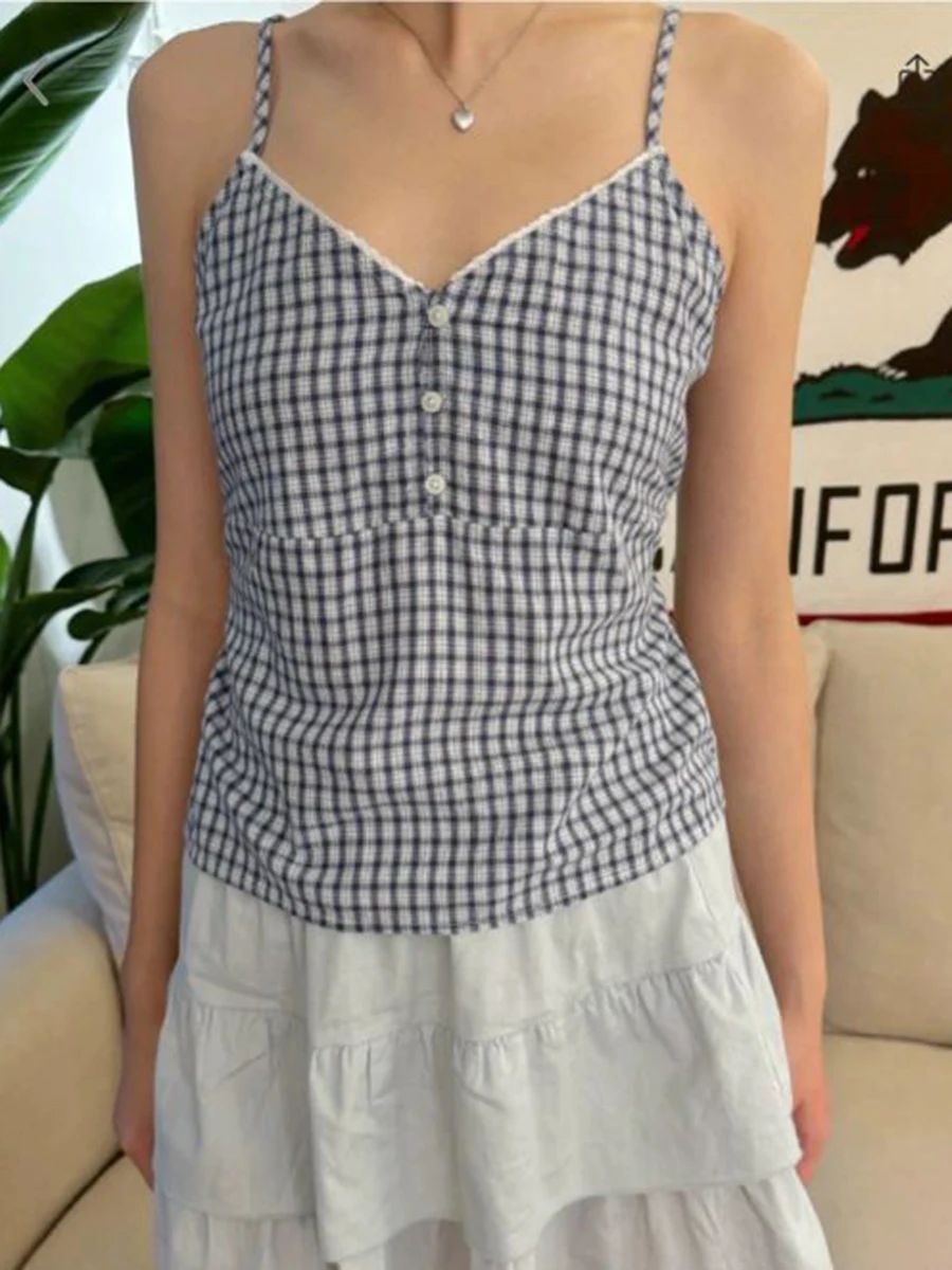 Navy Plaid Tank Shorts 2 Piece - Lace Trim Cami review and price