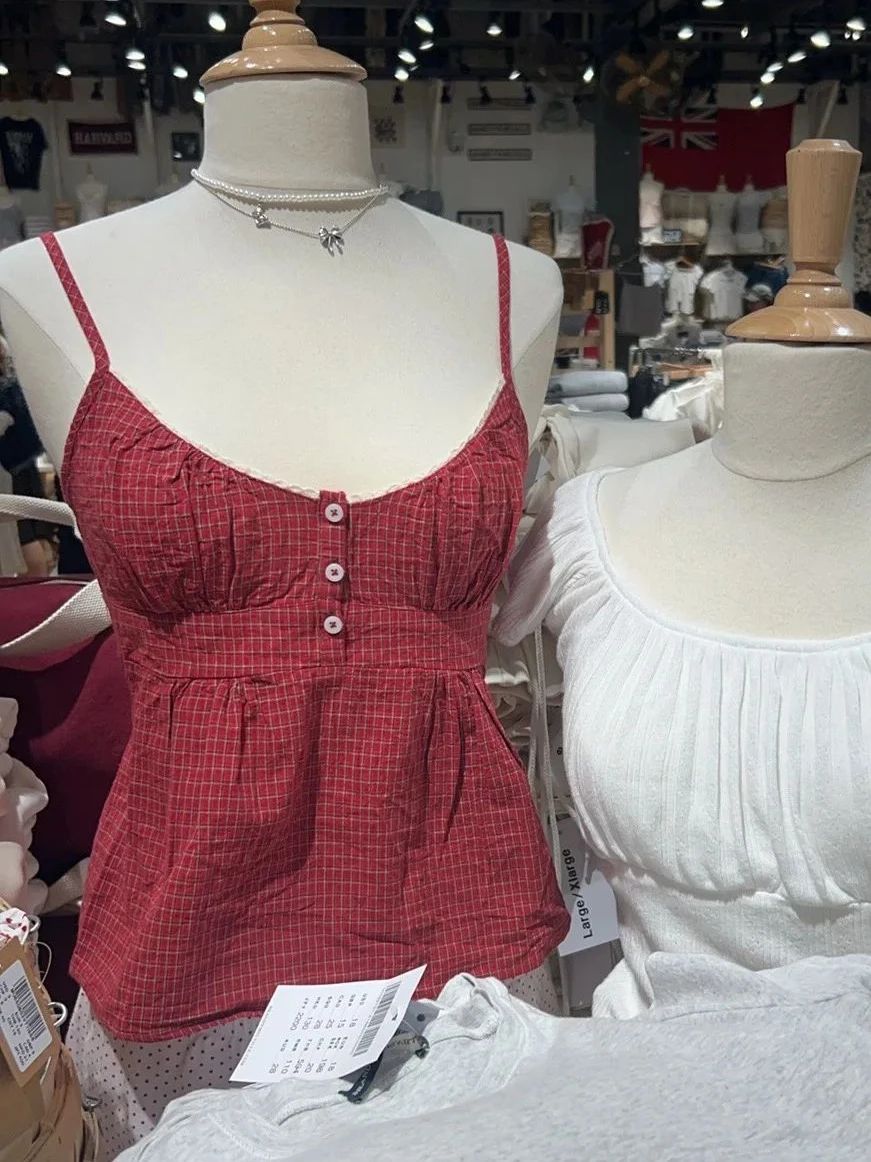 Red Plaid Buttons Tank Shorts  - Lace Trim Cami review and price