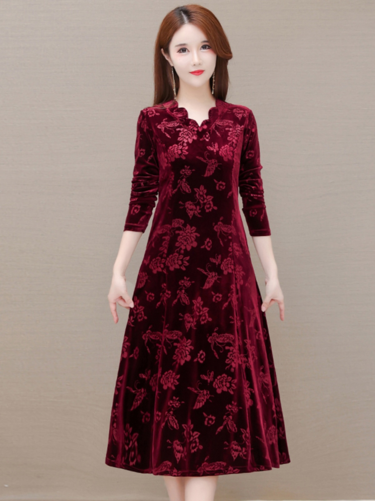 Elegant Velvet Dress V-Neck Mi - Women Fashion Over The Years review and price