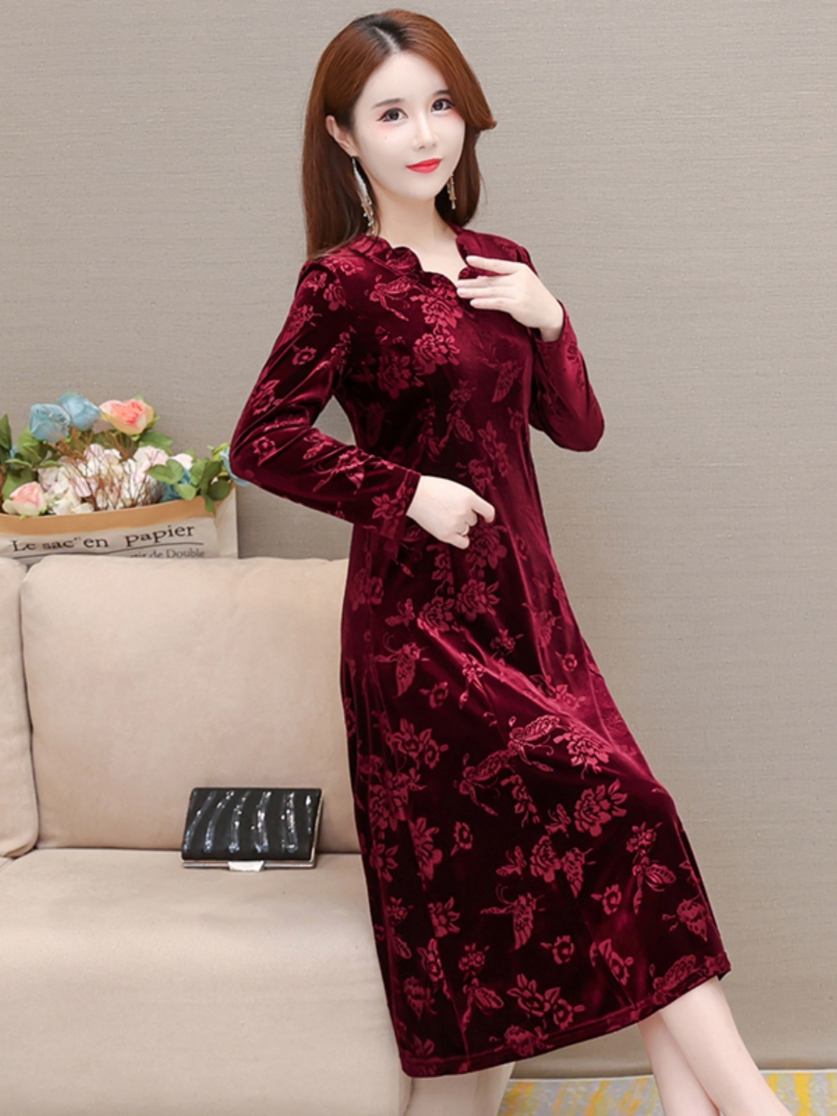 Elegant Velvet Dress V-Neck Mi - Women Fashion Over The Years review and price